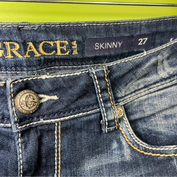 Grace In LA Skinny Slouch Jeans Blue Patchwork Mid Rise Boho size 27 - Picture 3 of 5